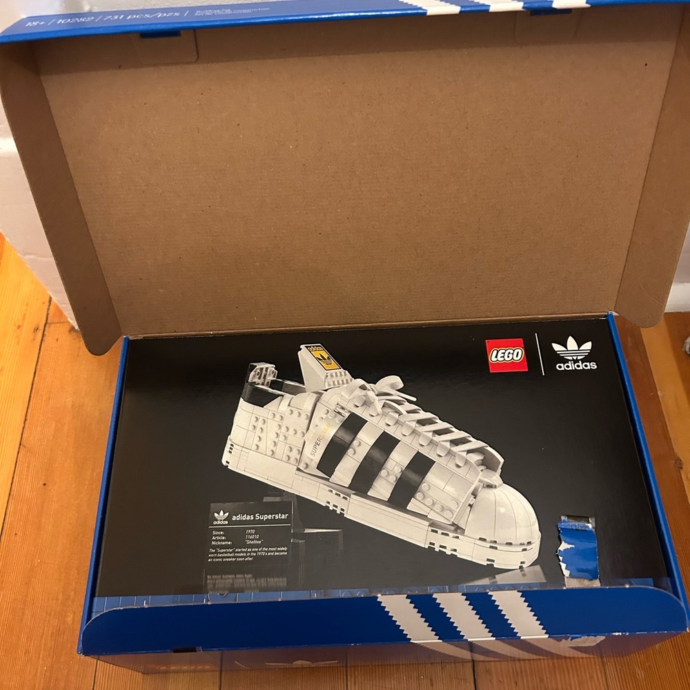 collectable Adidas Lego shoe open and partially put together